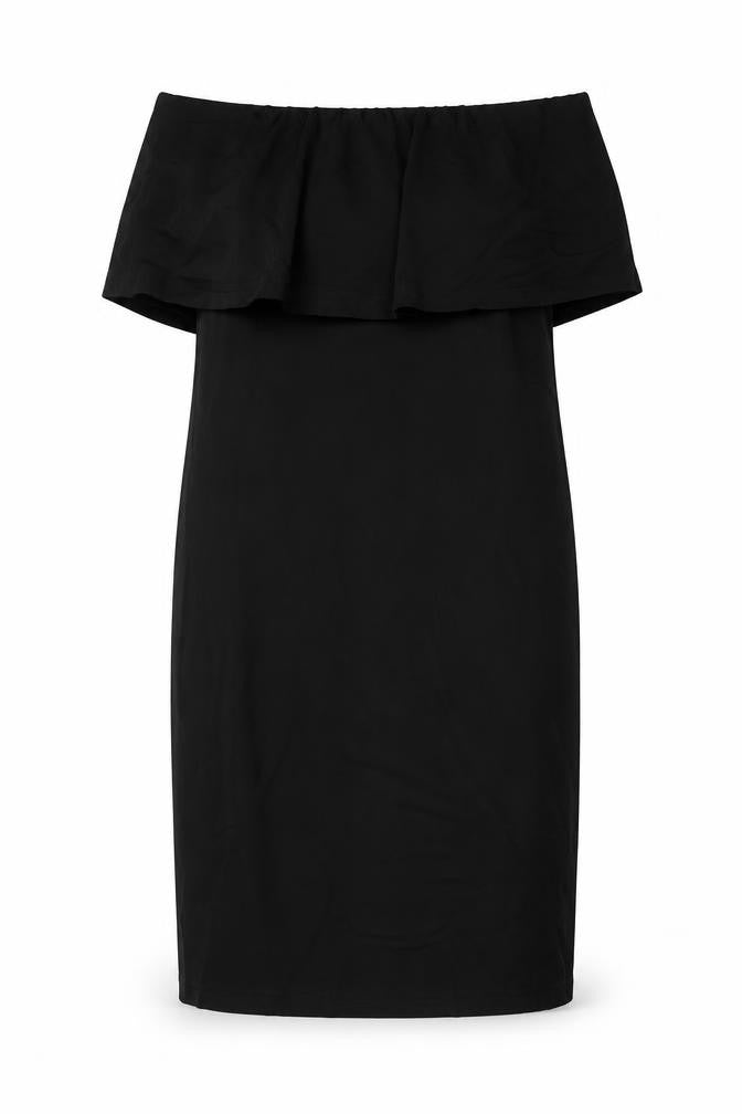 Front view of Warehouse women’s black viscose bodycon, size UK 8, square neck pullover