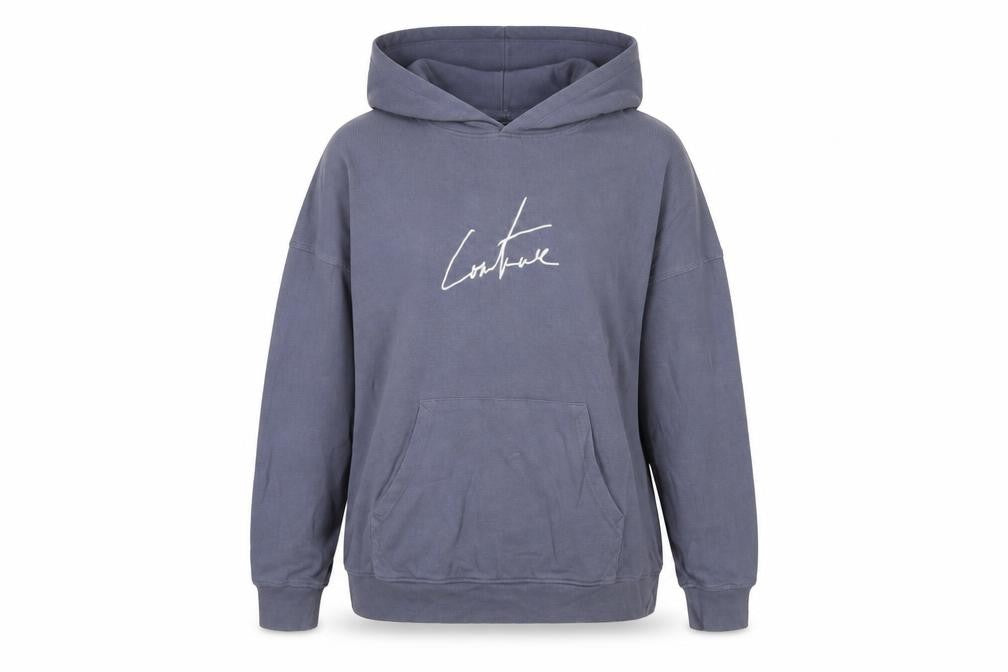 Front view of Coulture women’s blue cotton pullover hoodie, size S, pullover - embroidered, logo