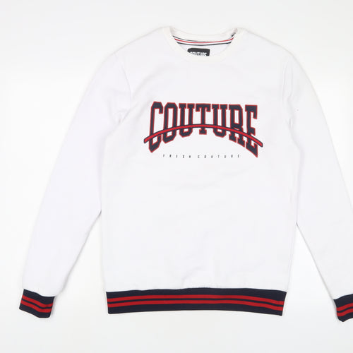 Couture Mens White Cotton Pullover Sweatshirt Size M - Logo, Embroidered
