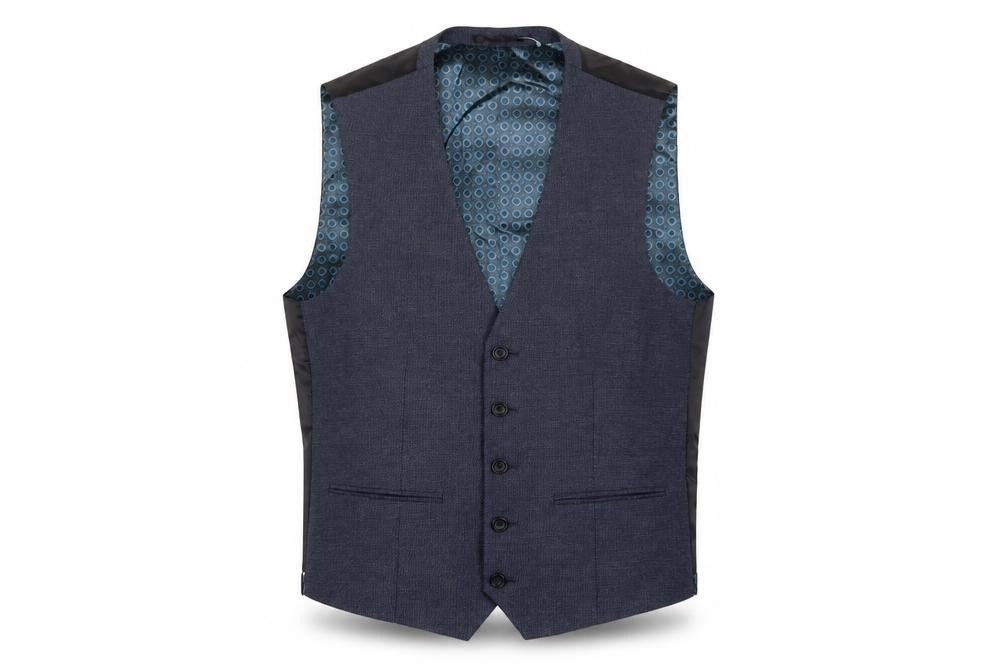 Front view of Next men’s blue polyester jacket suit waistcoat, size 38, regular