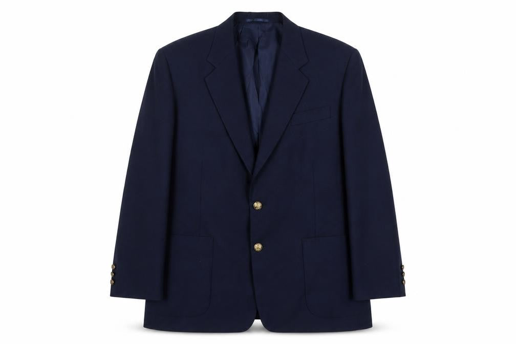 Front view of Emporium men’s blue polyester jacket suit jacket, size 46, regular