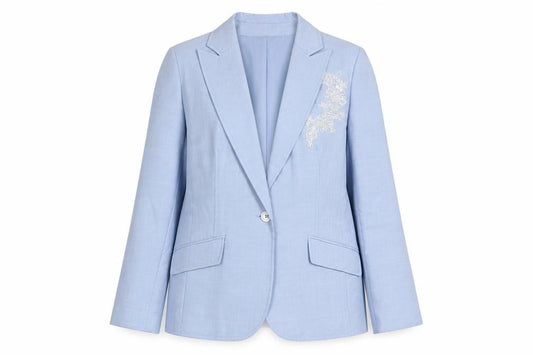 Front view of For Women women’s blue jacket blazer, size UK 16, button - embroidered, sequins
