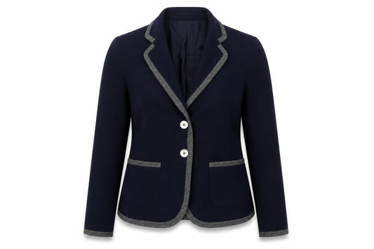 Front view of Autograph women’s blue jacket blazer, size UK 10, button