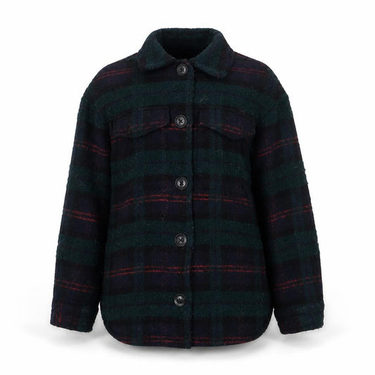 Front view of Bershka women’s green plaid jacket, size XS, button