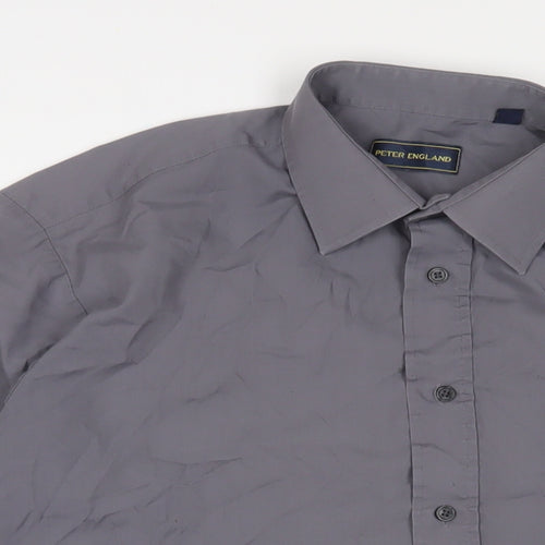 Peter England Mens Grey Cotton Button-Up Size 16 Collared Button