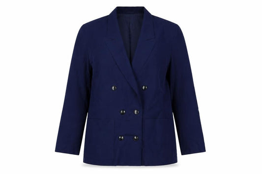 Front view of Slimma women’s blue jacket blazer, size UK 12, button