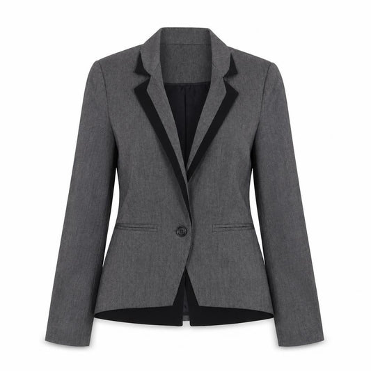 Front view of Warehouse women’s grey jacket blazer, size UK 6, button
