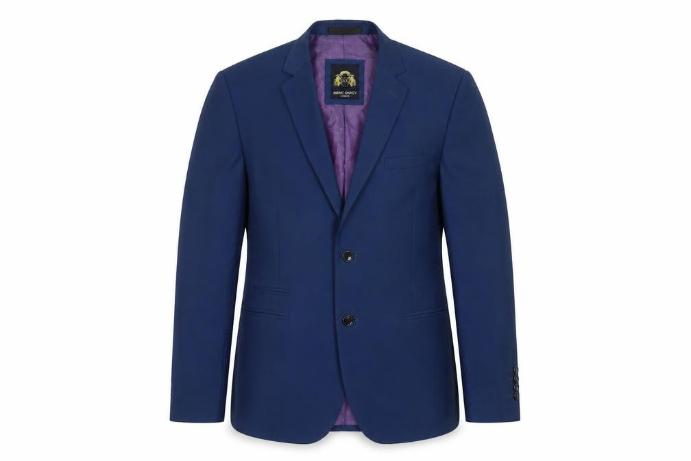 Front view of Marc Darcy men’s blue polyester jacket suit jacket, size 40, regular