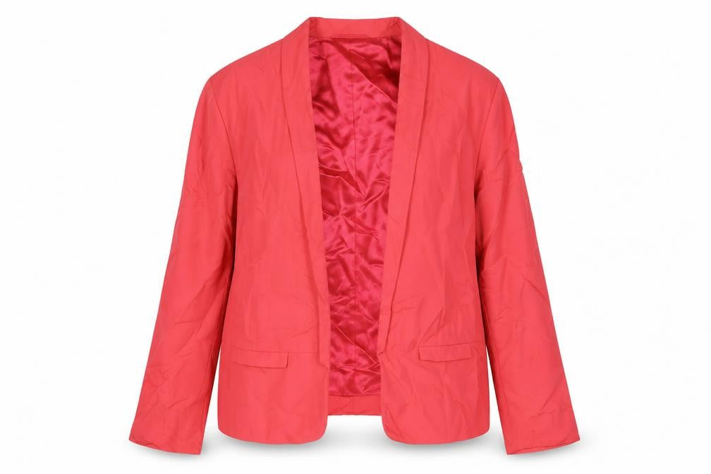 Front view of French Connection women’s pink jacket blazer, size UK 14, - open