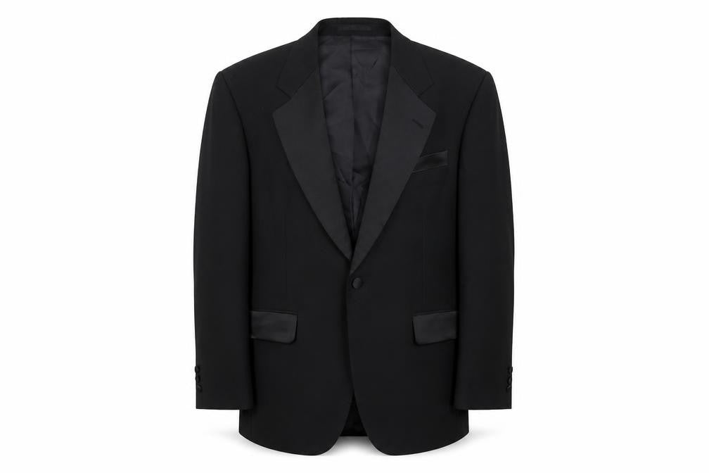 Front view of Greenwoods men’s black wool jacket suit jacket, size 38, regular