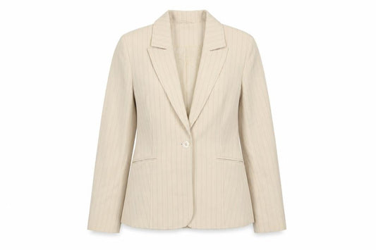 Front view of Essentials women’s beige striped jacket blazer, size UK 12, button