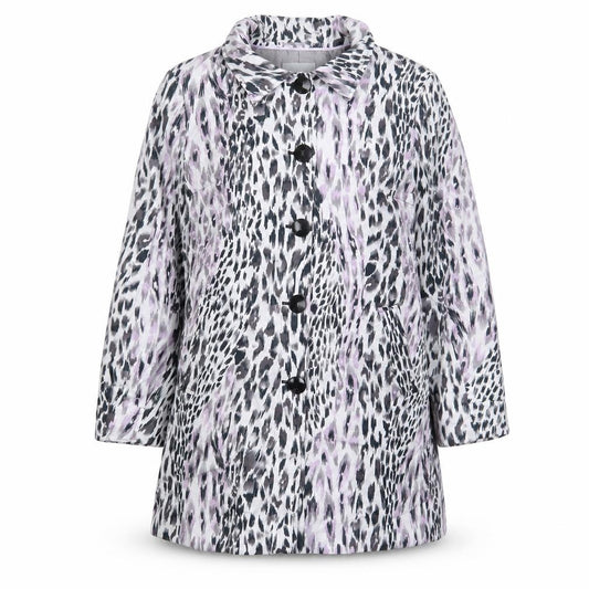 Front view of Per Una women’s purple animal print jacket, size UK 14, button
