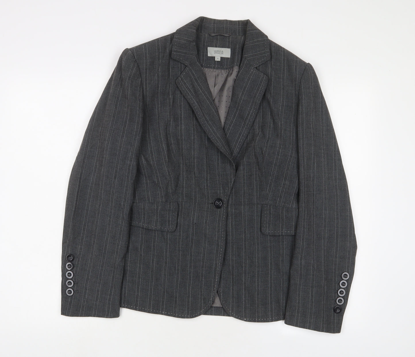 Marks and Spencer Womens Grey Striped Jacket Blazer Size 14 Button