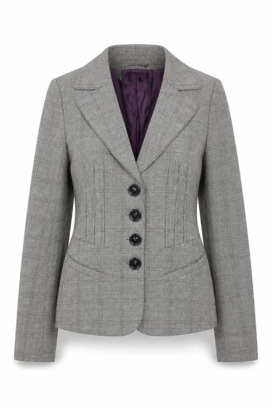 Front view of Next women’s grey plaid jacket blazer, size UK 8, button