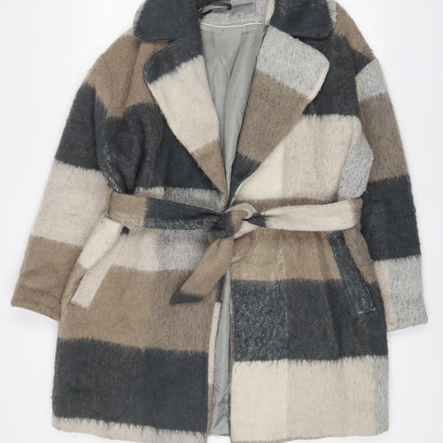 NEXT Womens Brown Plaid Overcoat Coat Size 14 Tie - Belted
