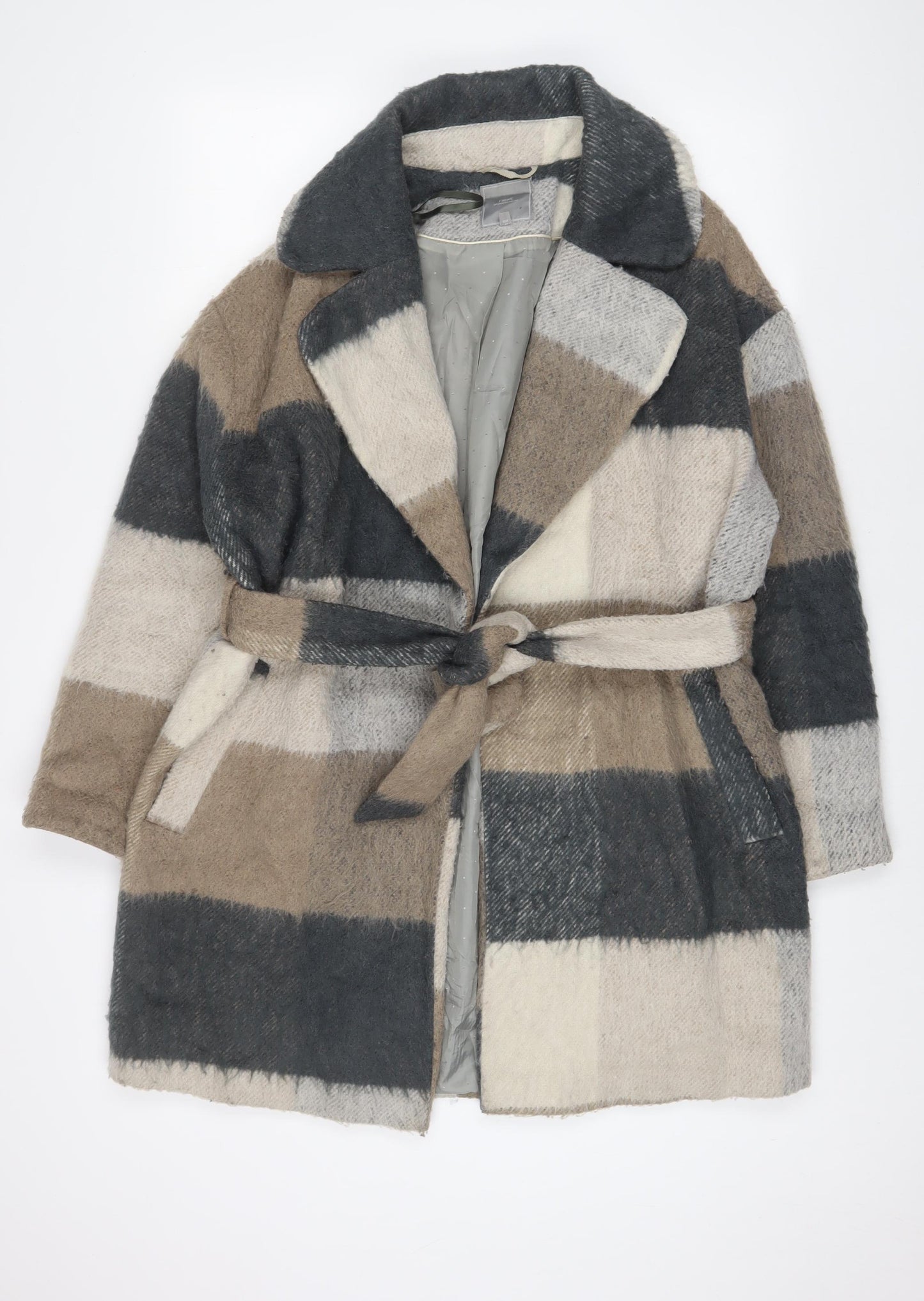 NEXT Womens Brown Plaid Overcoat Coat Size 14 Tie - Belted