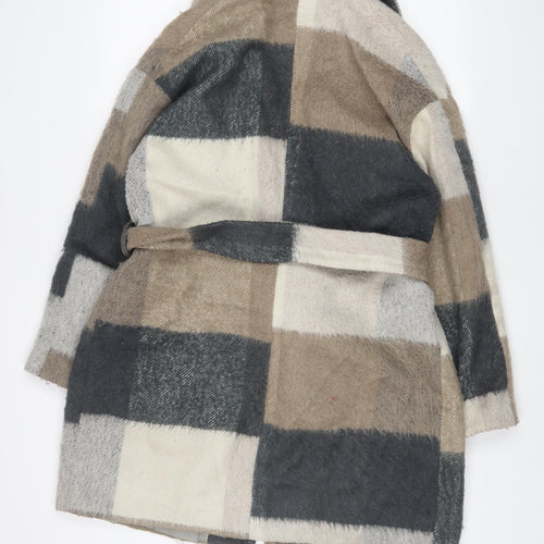 NEXT Womens Brown Plaid Overcoat Coat Size 14 Tie - Belted