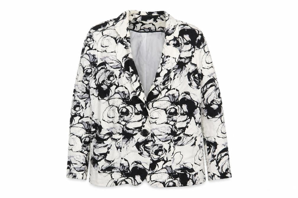 Front view of Classics women’s black geometric jacket blazer, size UK 16, button