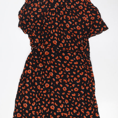 Dorothy Perkins Womens Black Animal Print Viscose A-Line Size 14 Collared Button