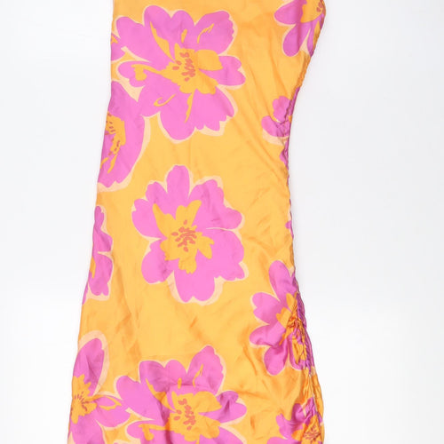 Bershka Womens Orange Floral Polyester A-Line Size XS Scoop Neck Tie - Pink Flowers