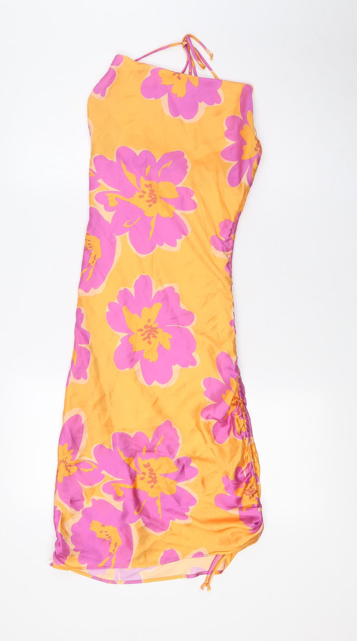 Bershka Womens Orange Floral Polyester A-Line Size XS Scoop Neck Tie - Pink Flowers