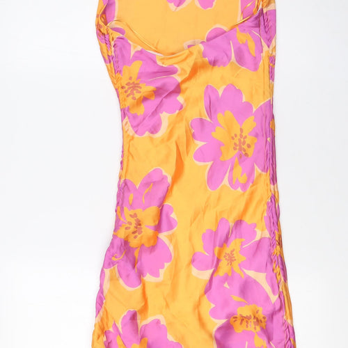 Bershka Womens Orange Floral Polyester A-Line Size XS Scoop Neck Tie - Pink Flowers