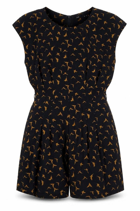 Front view of Dotti women’s black polyester playsuit one-piece, size UK 12, 3-inch leg zip - bird fabric
