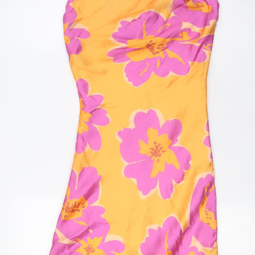 Bershka Womens Orange Floral Polyester A-Line Size XS Scoop Neck - Pink Flowers
