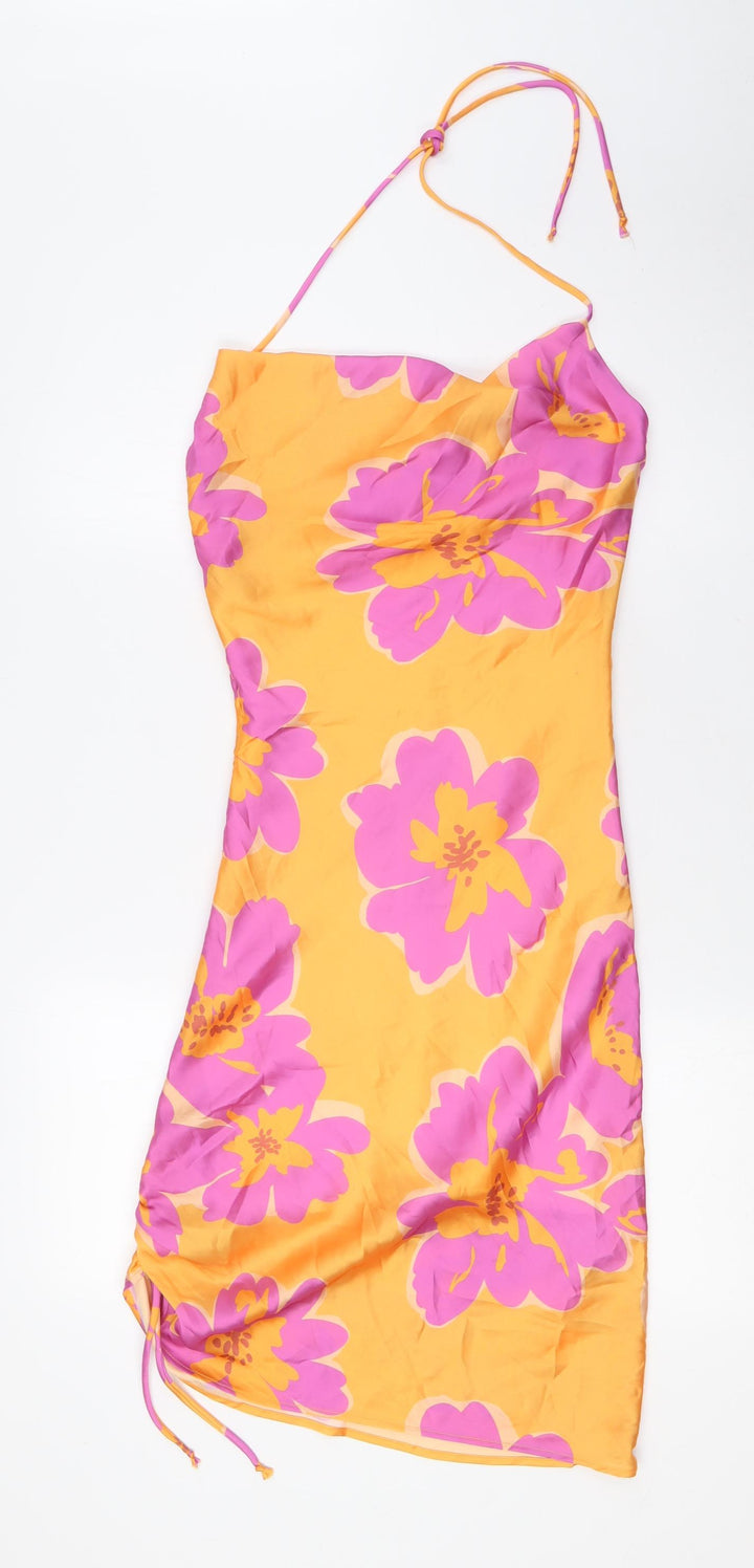 Bershka Womens Orange Floral Polyester A-Line Size XS Scoop Neck - Pink Flowers