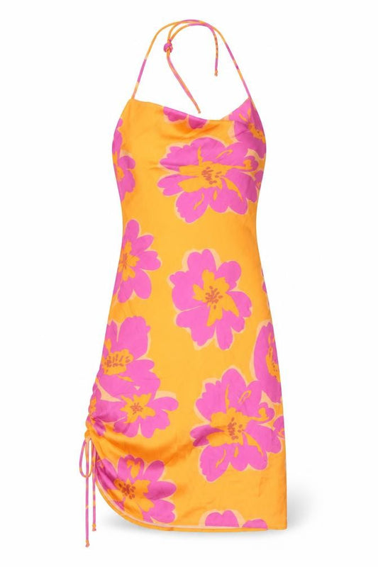 Front view of Bershka women’s orange floral polyester a-line, size XS, scoop neck - pink flowers