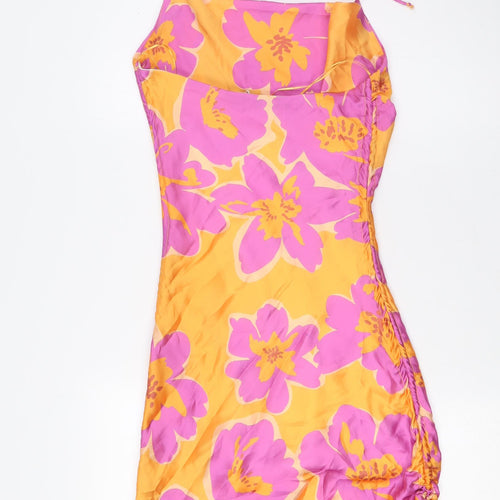 Bershka Womens Orange Floral Polyester A-Line Size XS Scoop Neck - Pink Flowers