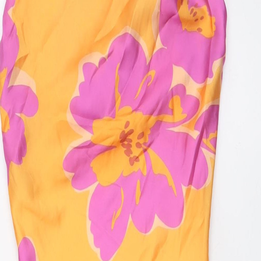 Bershka Womens Orange Floral Polyester A-Line Size XS Scoop Neck - Pink Flowers