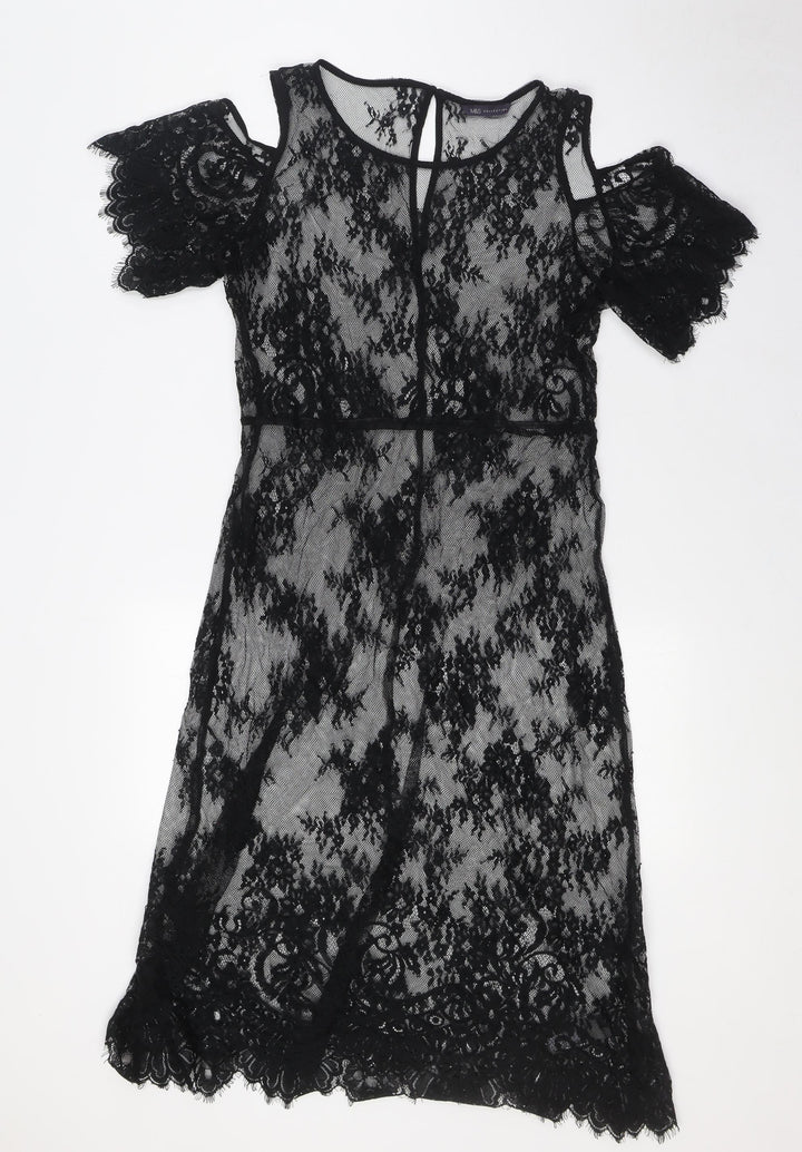 Marks and Spencer Womens Black Polyamide A-Line Size 10 Round Neck - Lace, Cold Shoulder