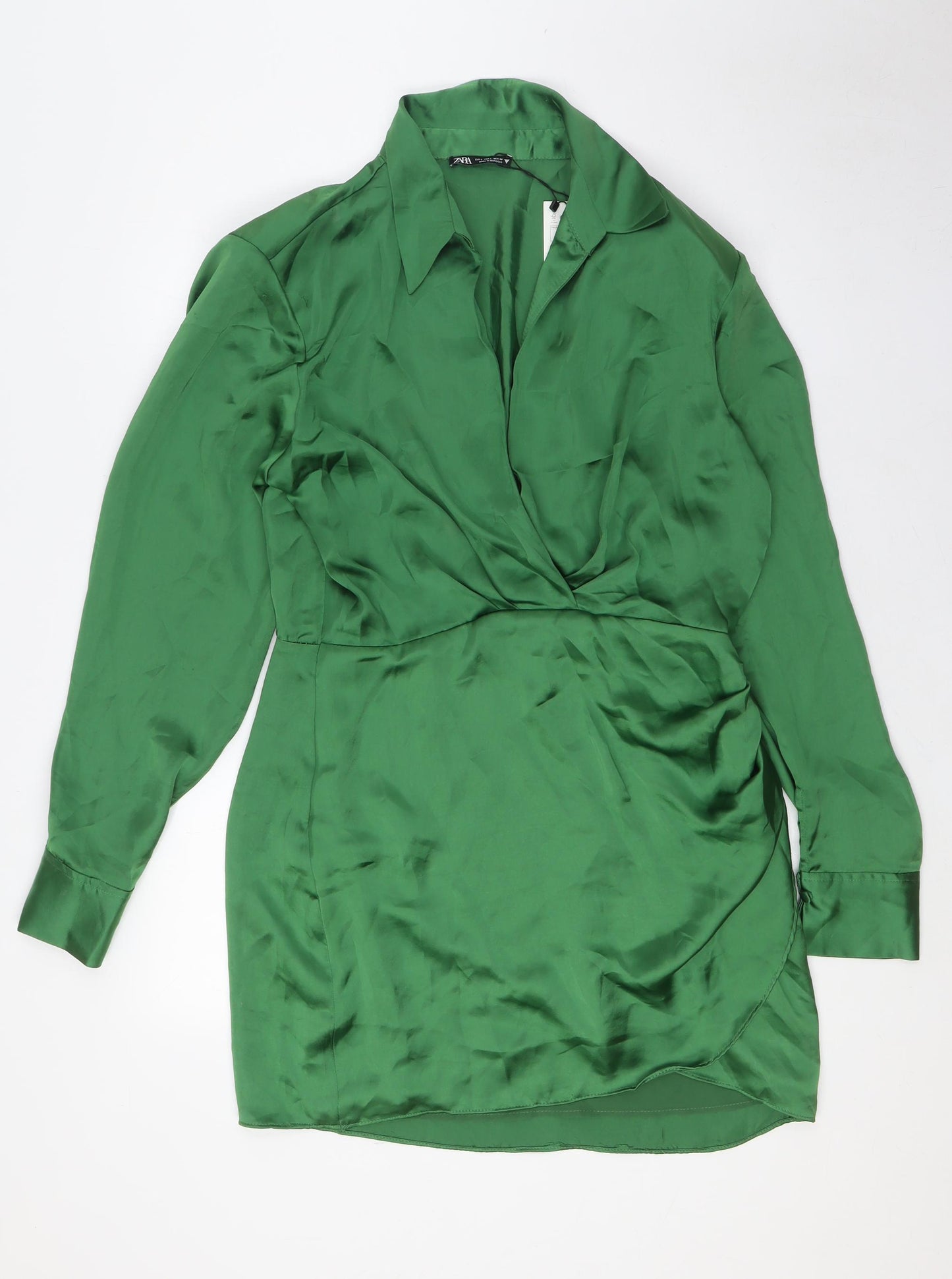 Zara Womens Green Polyester A-Line Size L Collared Zip