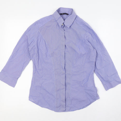 Marks and Spencer Womens Blue Striped Cotton Basic Button-Up Size 8 Collared