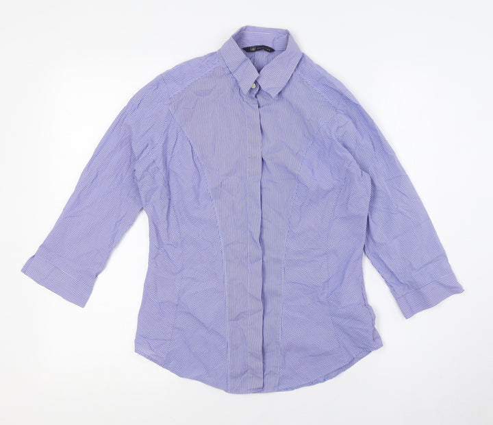 Marks and Spencer Womens Blue Striped Cotton Basic Button-Up Size 8 Collared