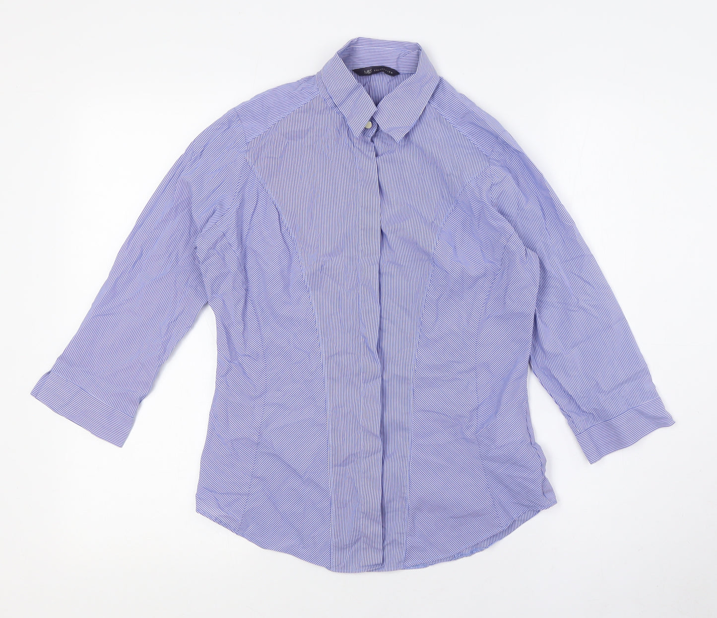 Marks and Spencer Womens Blue Striped Cotton Basic Button-Up Size 8 Collared