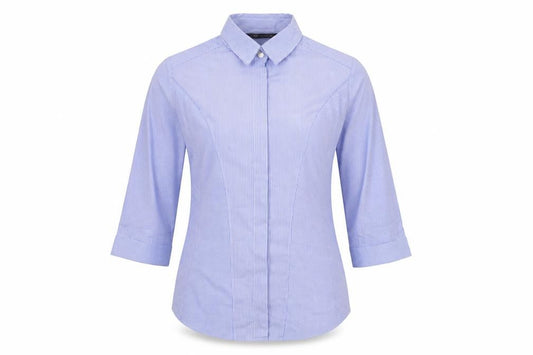 Front view of Marks & Spencer women’s blue striped cotton basic button-up, size UK 8, collared