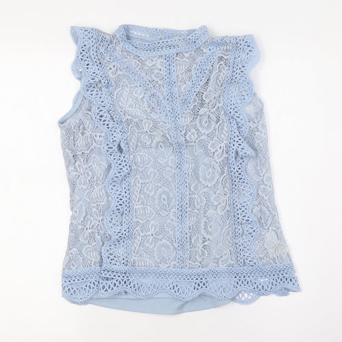 Adiva Womens Blue Nylon Basic Button-Up Size S Mock Neck - Lace Overlay