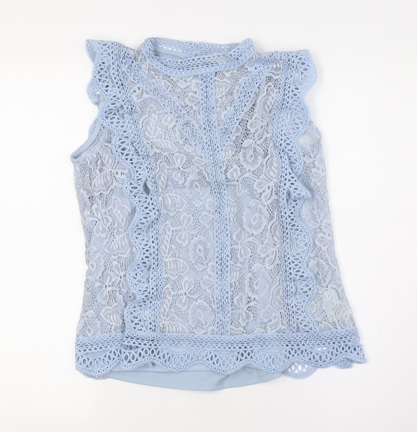 Adiva Womens Blue Nylon Basic Button-Up Size S Mock Neck - Lace Overlay