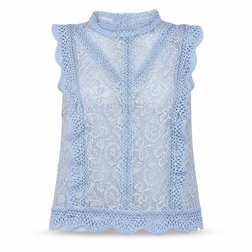 Front view of Adiva women’s blue nylon basic button-up, size S, mock neck - lace overlay