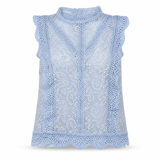 Front view of Adiva women’s blue nylon basic button-up, size S, mock neck - lace overlay