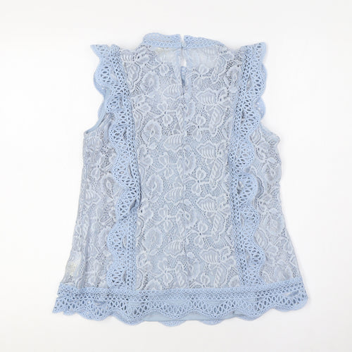Adiva Womens Blue Nylon Basic Button-Up Size S Mock Neck - Lace Overlay