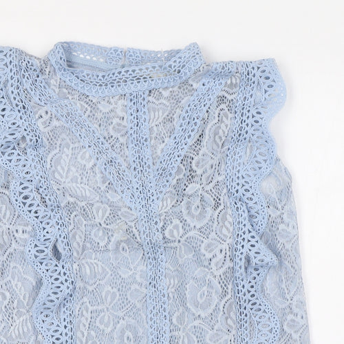 Adiva Womens Blue Nylon Basic Button-Up Size S Mock Neck - Lace Overlay