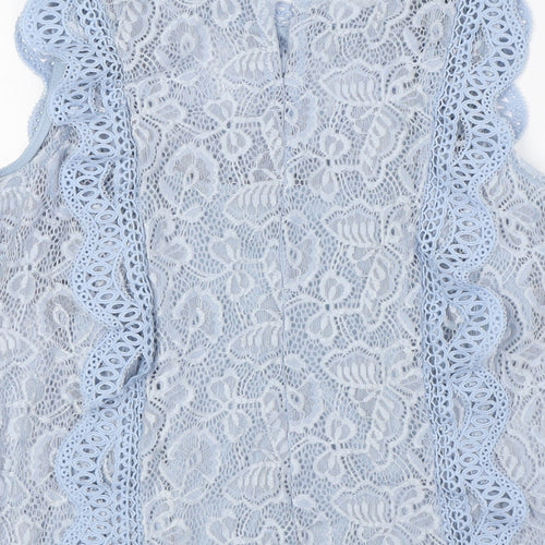 Adiva Womens Blue Nylon Basic Button-Up Size S Mock Neck - Lace Overlay