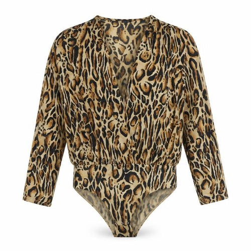 Zara Womens Brown Animal Print Polyester Bodysuit One-Piece Size L Snap