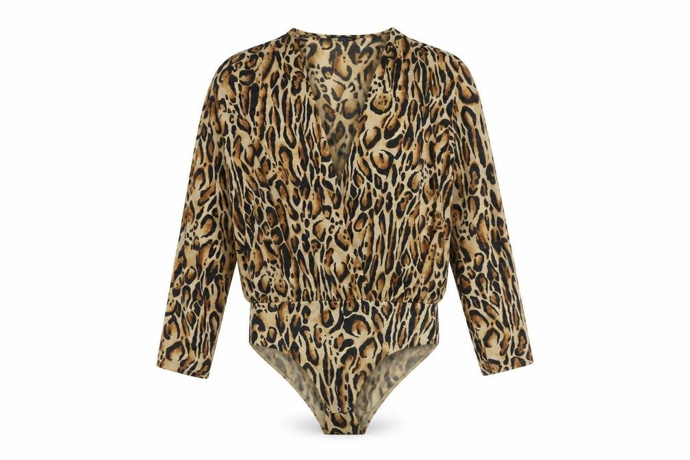 Zara Womens Brown Animal Print Polyester Bodysuit One-Piece Size L Snap