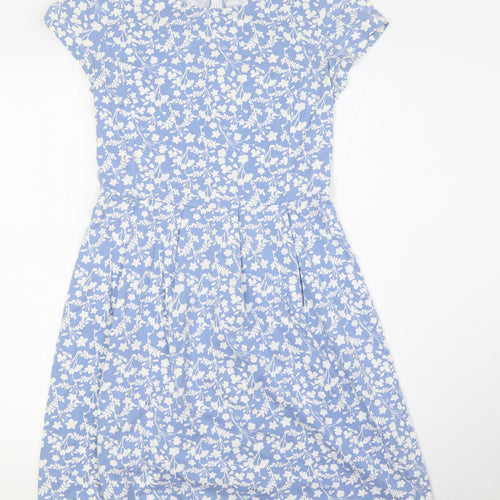 Hobbs Womens Blue Floral Cotton A-Line Size 8 Round Neck Zip