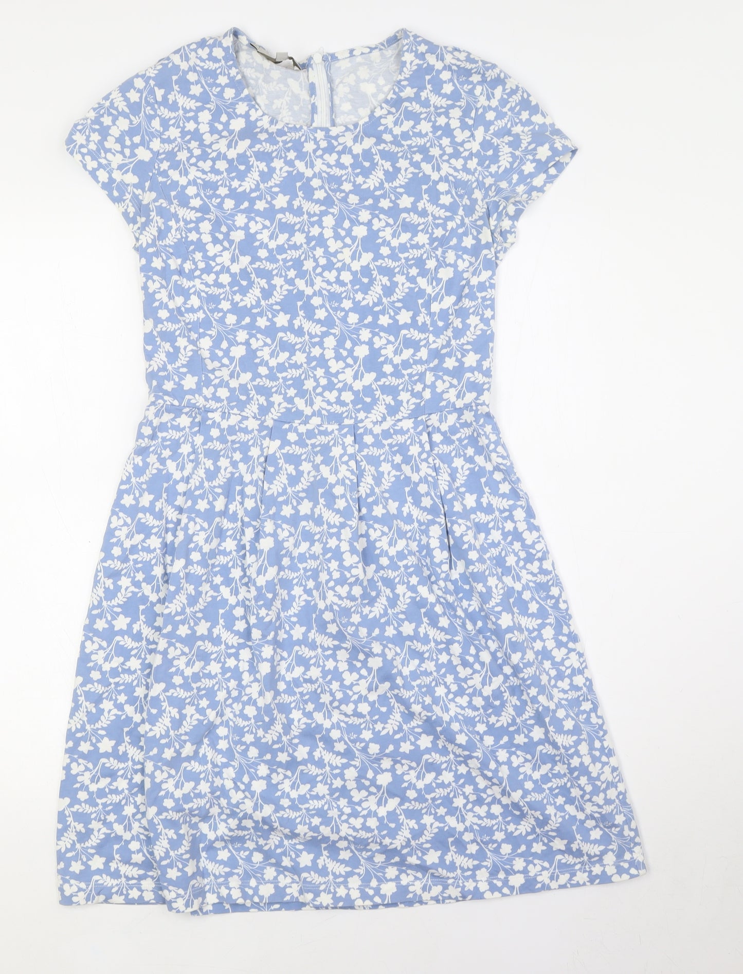 Hobbs Womens Blue Floral Cotton A-Line Size 8 Round Neck Zip
