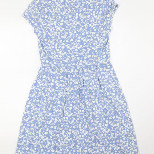 Hobbs Womens Blue Floral Cotton A-Line Size 8 Round Neck Zip